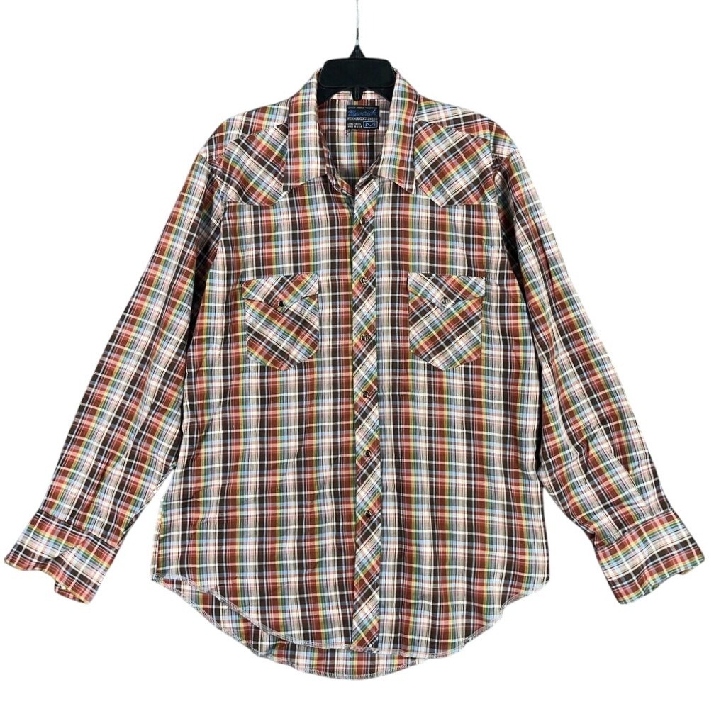 Vintage 1970s Western Shirt Mens M Maverick‎ Brown Plaid Long Tails USA Cowboy
